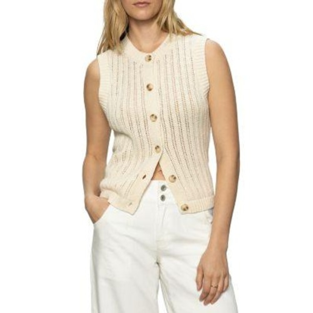 Sanctuary Pointelle Knit Sleeveless Sweater Women L Cream Button Boho Preppy NWT